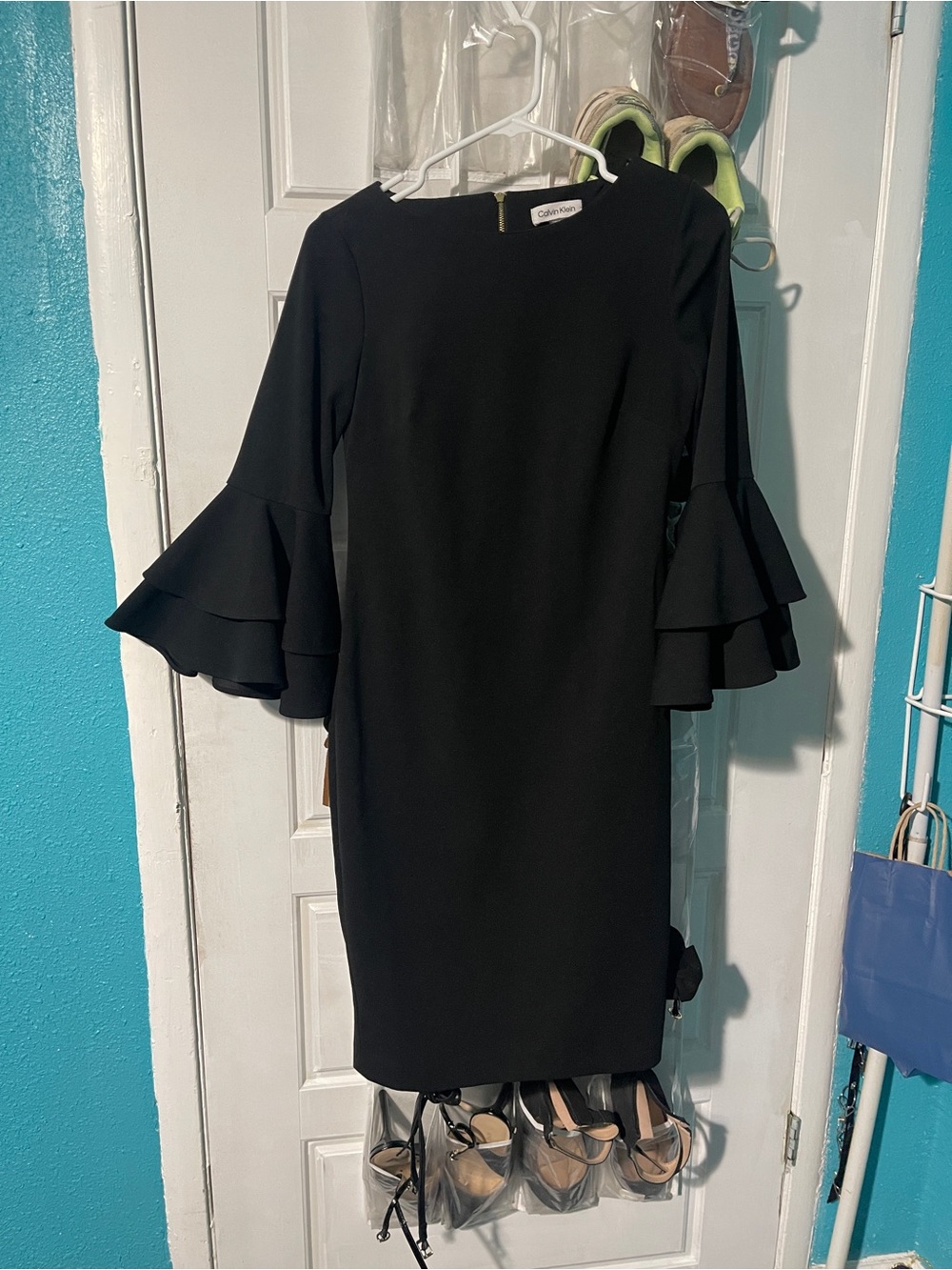 Calvin Klein Black Ruffle-Sleeve Midi Dress